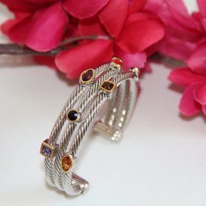 Upscale Designer Inspired Triple Twisted Polished Silver Multi-Colored Cuff